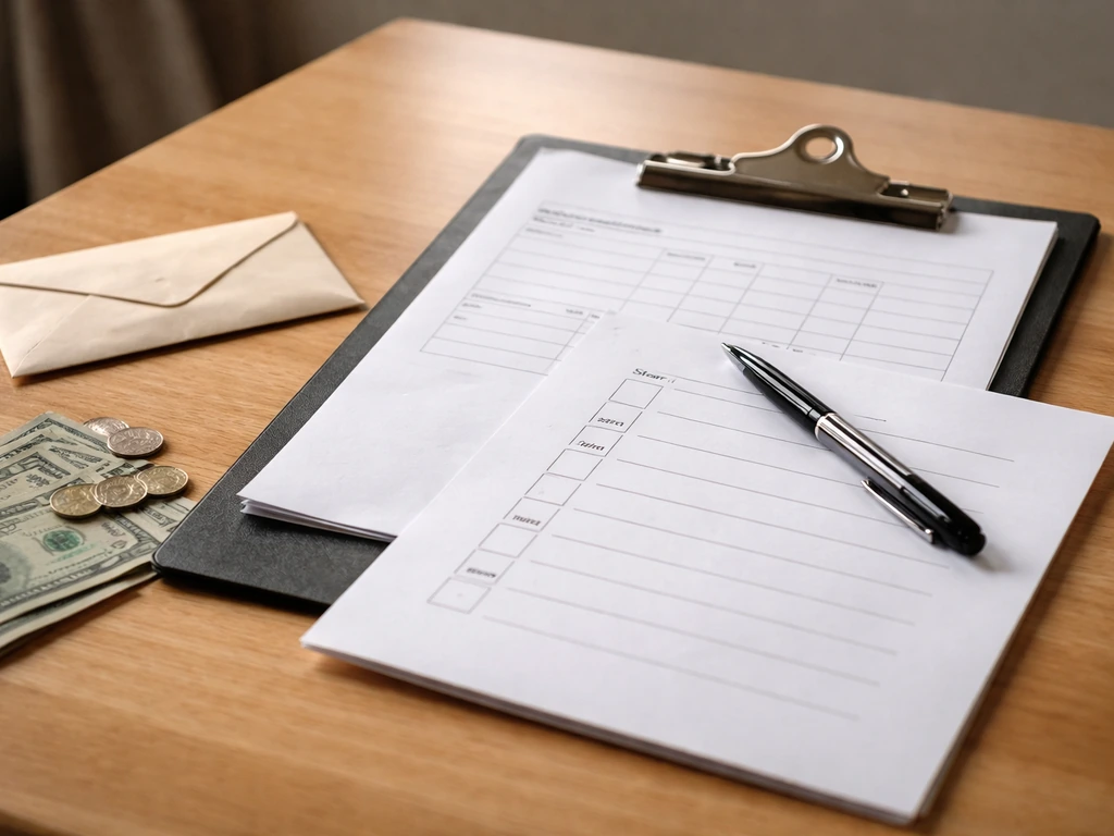 Contractor deposit slip on a clipboard beside a start-date checklist, suggesting paid-upfront and silence.