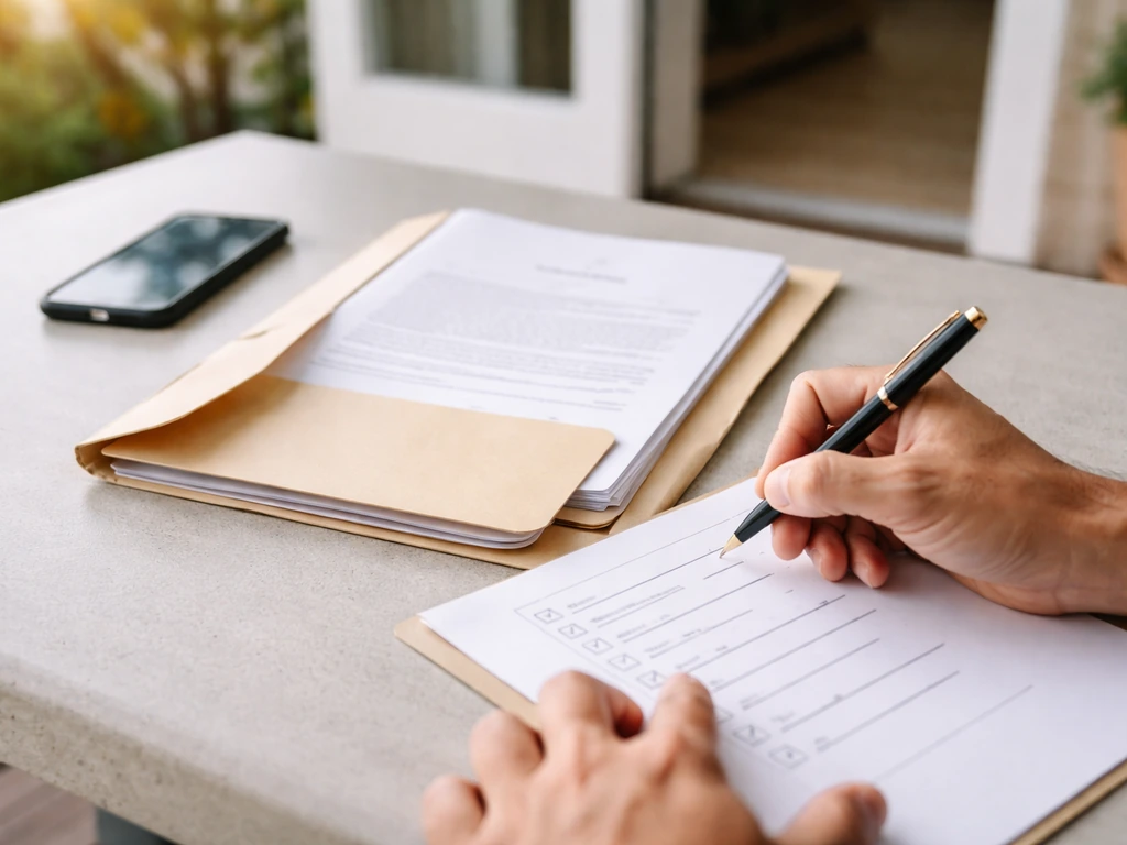 Close-up of hands filling a checklist beside a patio cover contract folder in soft natural light.