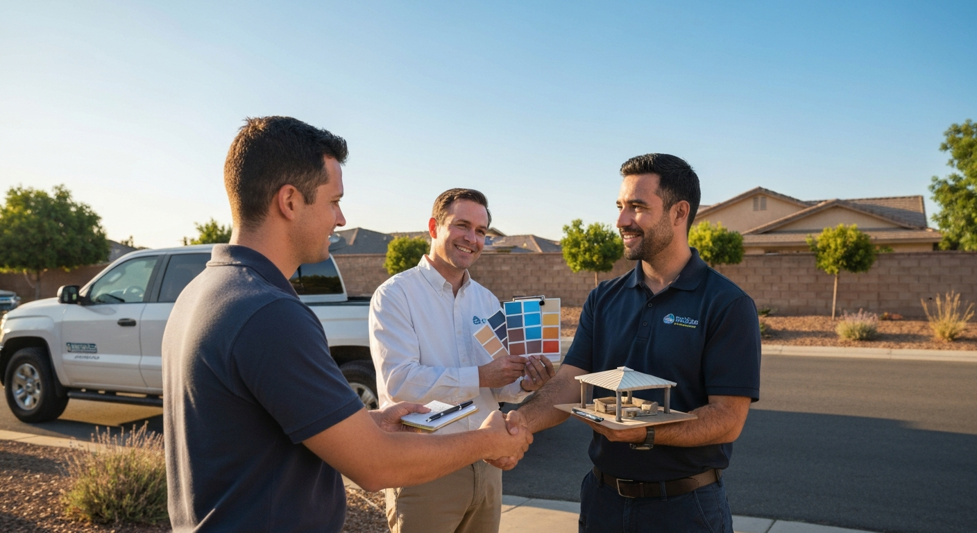 A patio installer consults with a homeowner in a Fresno backyard, showing color swatches and a model patio cover on a clipboard; a work truck is parked nearby.