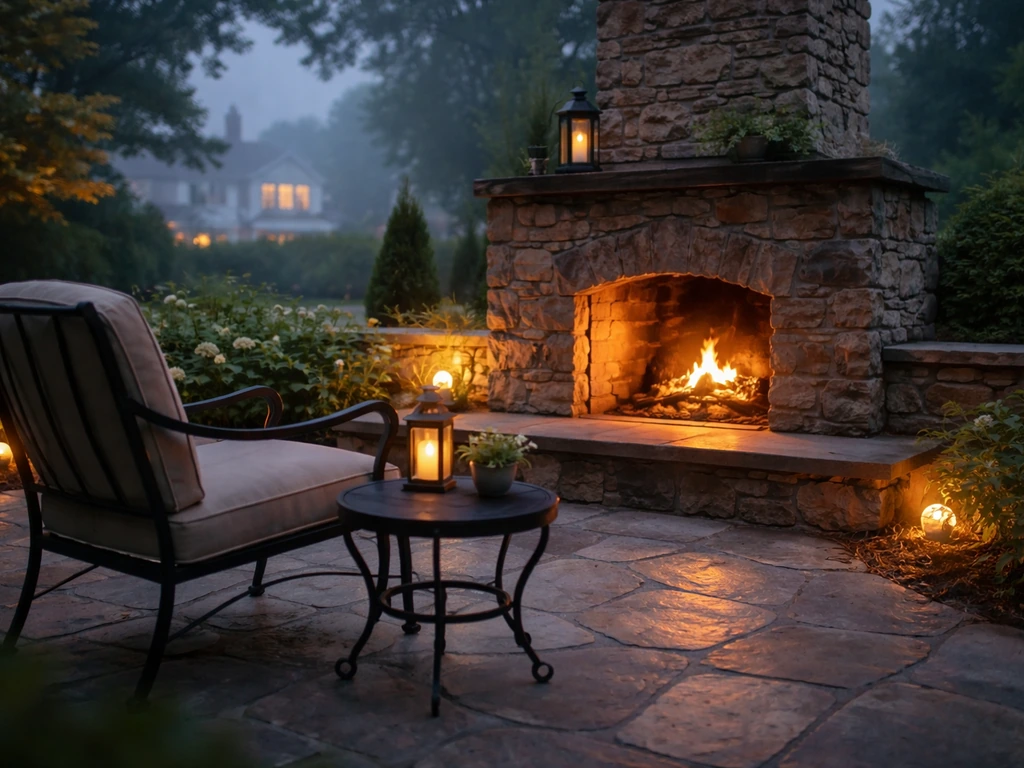 Cozy New England patio with a stone hearth and gentle fire glow at dusk, empty seating nearby.