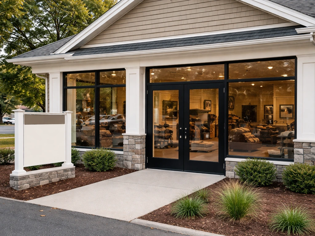 Showroom storefront with glass windows and blank exterior sign area suggesting dealer location confirmation
