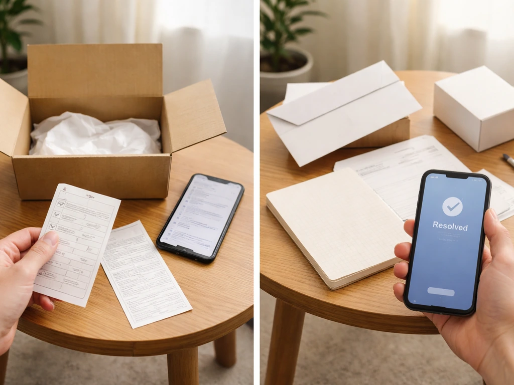 Minimal split-screen of an unboxed delivery vs. a warranty follow-up on a wooden desk, no readable text.