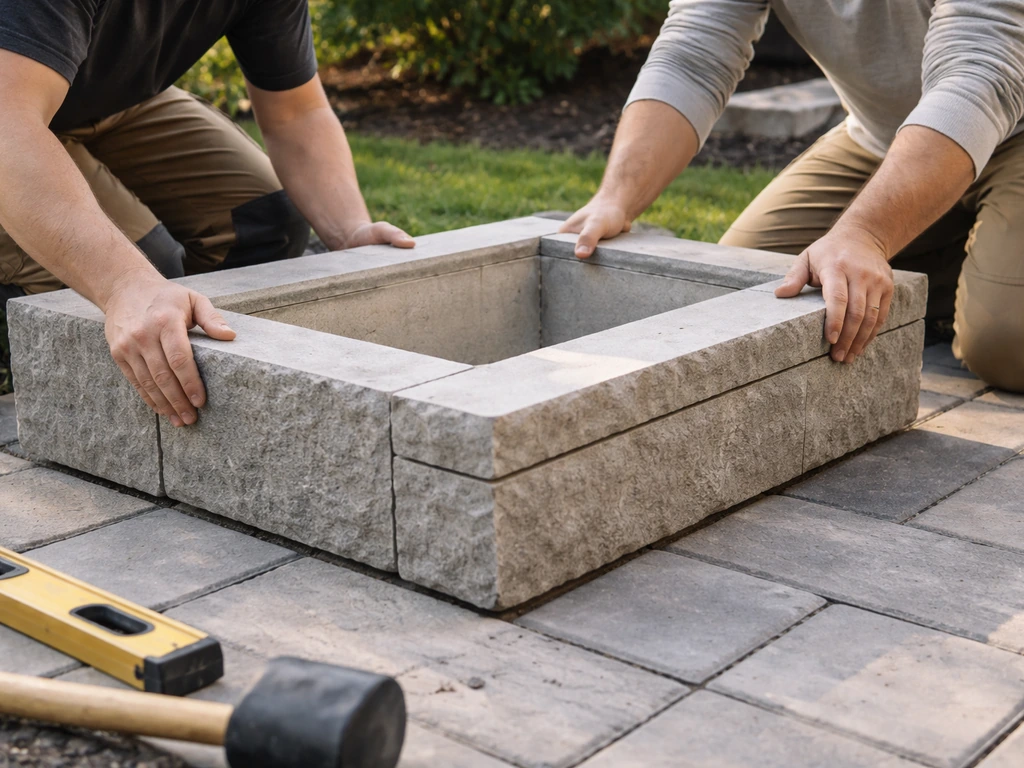 Installers carefully aligning and finishing a patio hearth component on pavers outdoors