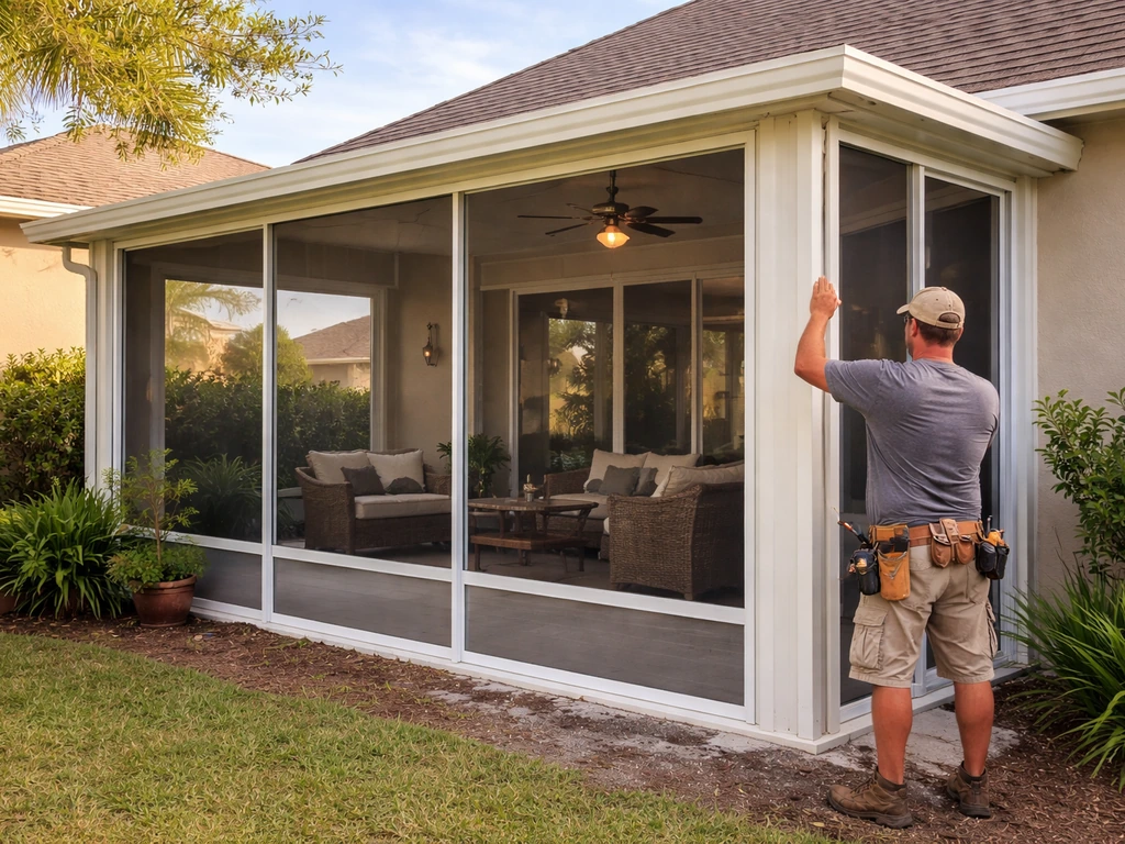 A finished backyard patio room enclosure with clear panels and a worker installing a panel outdoors