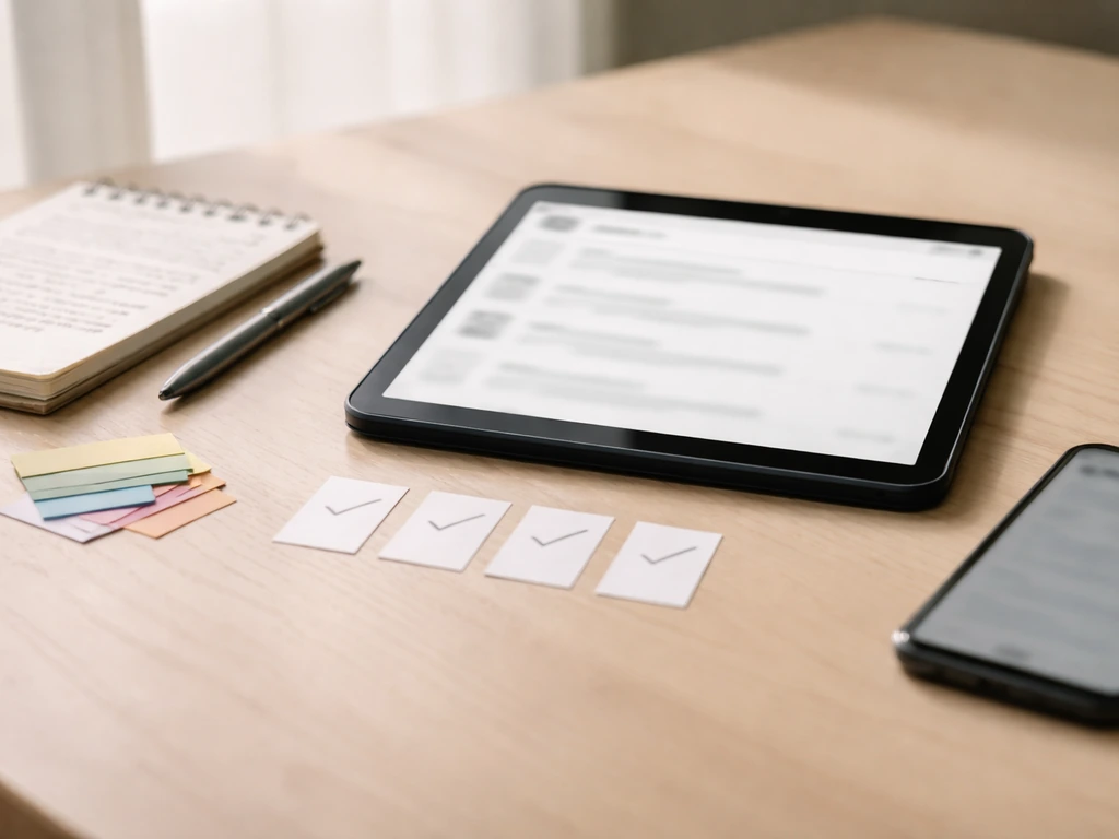 Anonymous contractor desk with tablet and blank checklist-style checkmarks to compare reviews across platforms.
