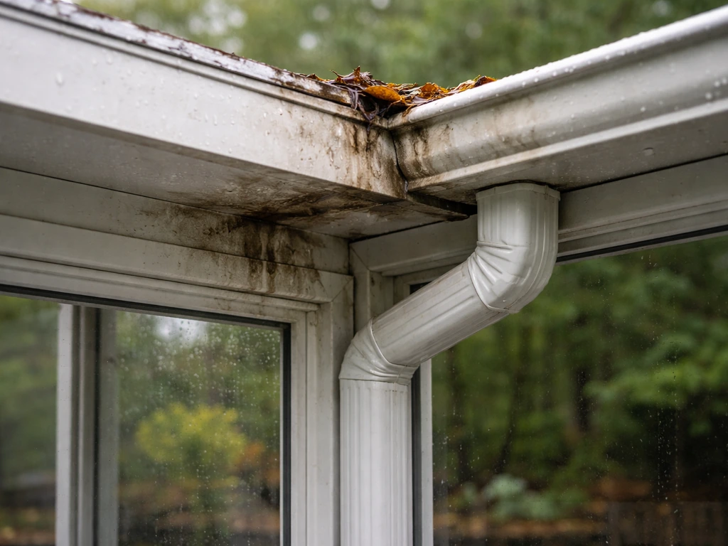 Closeup of a sunroom roofline gutter with debris and water-stained leak area on the underside.