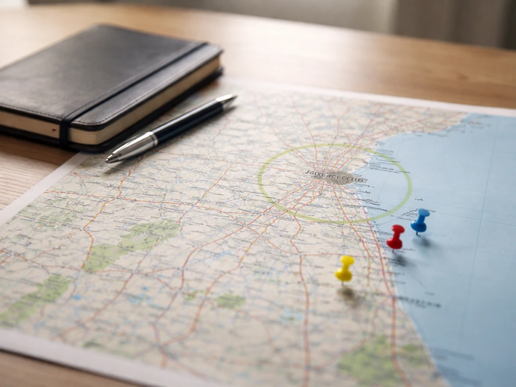 Minimal photo of a desk map-like layout with a highlighted Jacksonville area and small permit stop pins