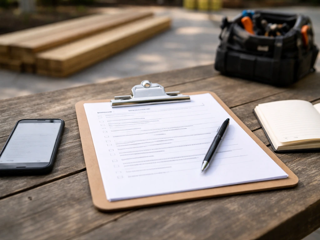 Close-up of a checklist clipboard, blank contract papers, and a phone on a patio contractor worktable.