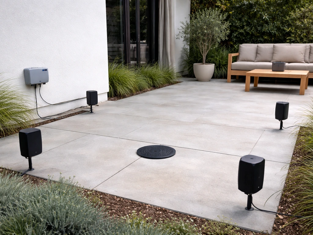 Outdoor patio showing four satellite speakers and one in-ground sub connected to a single amp.