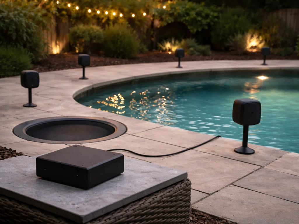 Backyard poolside audio setup with in-ground subwoofer and small satellite speakers, fed by a compact audio device.