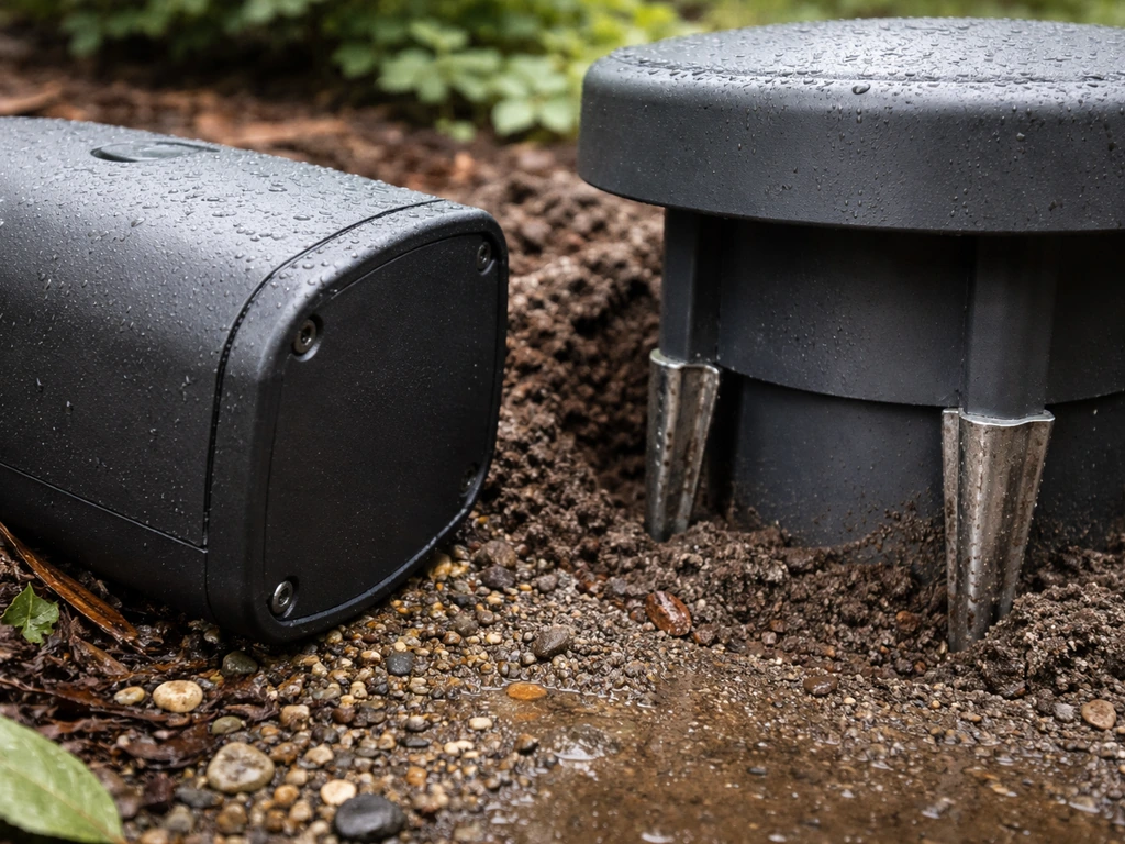 Close-up of sealed ABS satellite housing and an in-ground subwoofer enclosure with stakes in wet soil.