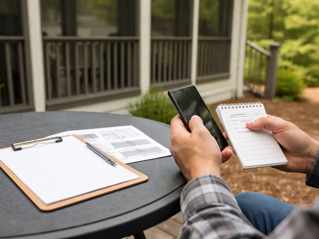 Person at a table comparing porch contractor notes, focusing on screened-in porch details and install timeline.