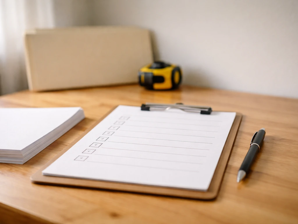 Minimal desk setup with a clipboard and pen beside a blank scoring checklist mockup for contractor comparisons.