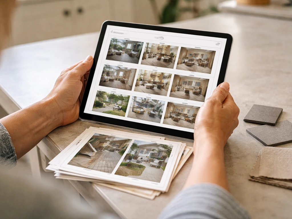 Person reviewing contractor job photos on a tablet, with a small stack of printed before-and-after pictures.