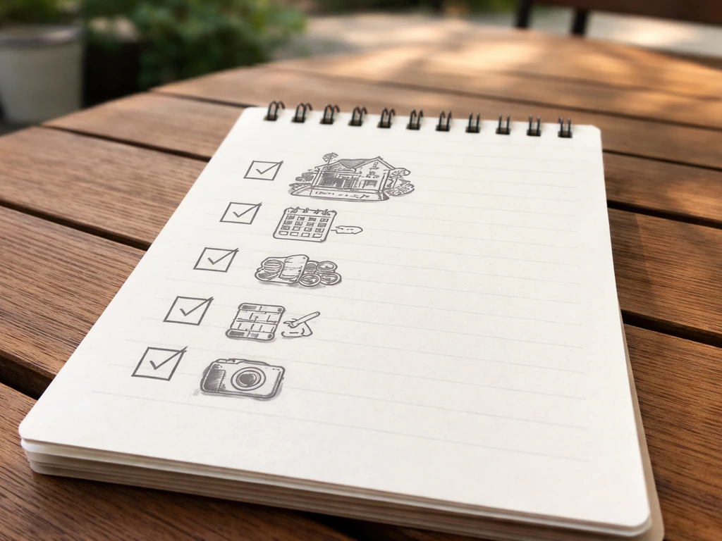 Checklist icons on an open notepad, suggesting what to evaluate in patio and pool contractor reviews.
