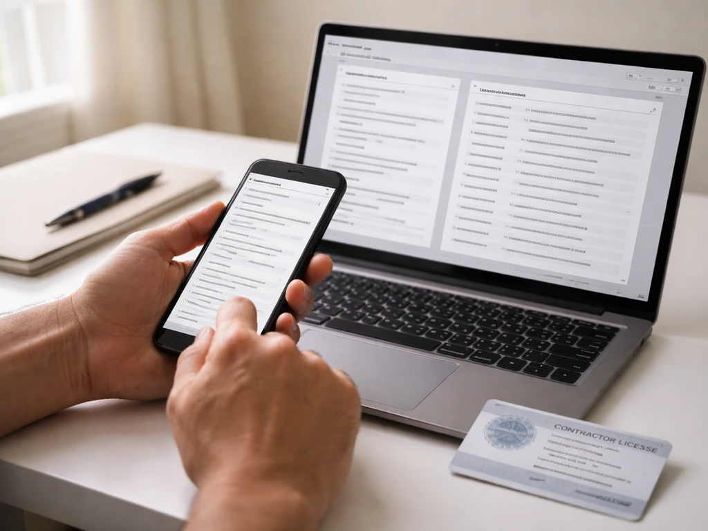 Person using a phone and laptop to verify a contractor license, with a Florida license document card nearby