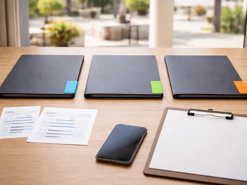 Minimal desk scene comparing three anonymous contractor folders with review printouts and a phone.