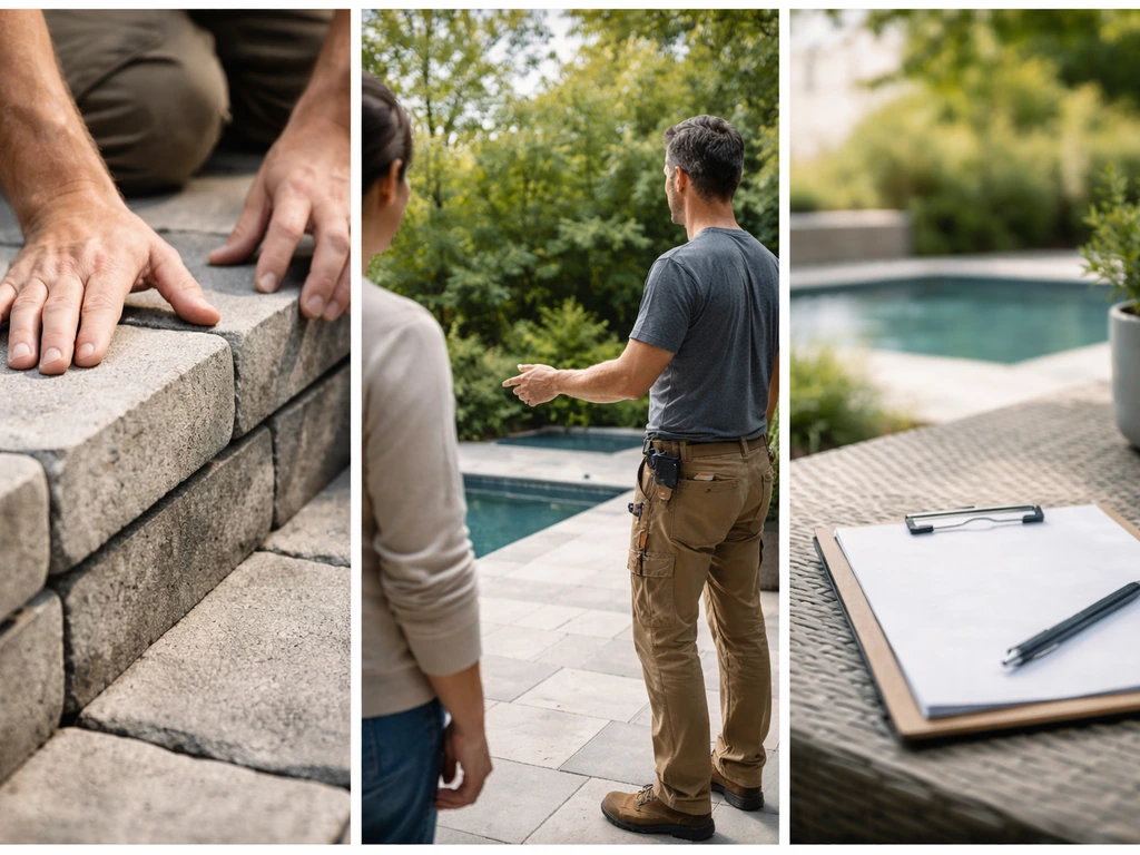 Minimal collage of craftsmanship detail, a calm patio customer-service moment, and a no-pressure checklist on site