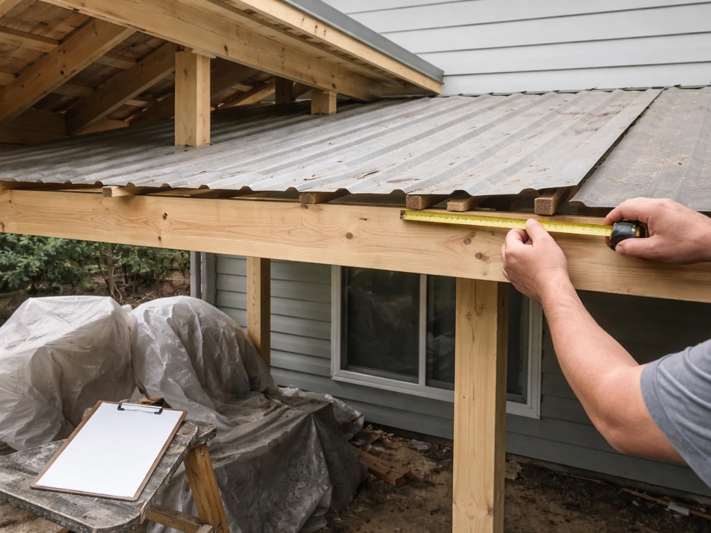 Patio roof under construction with misaligned panels and a blank checklist beside it.