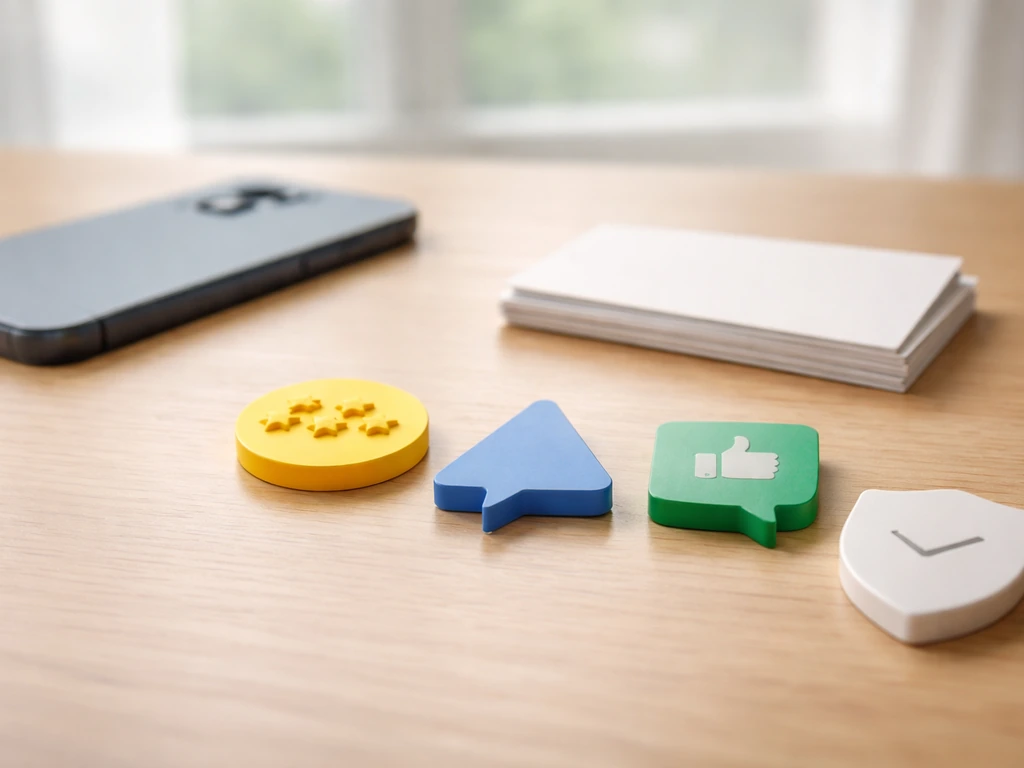 Anonymous desk with a phone and simple platform-shaped tokens suggesting comparing review credibility.