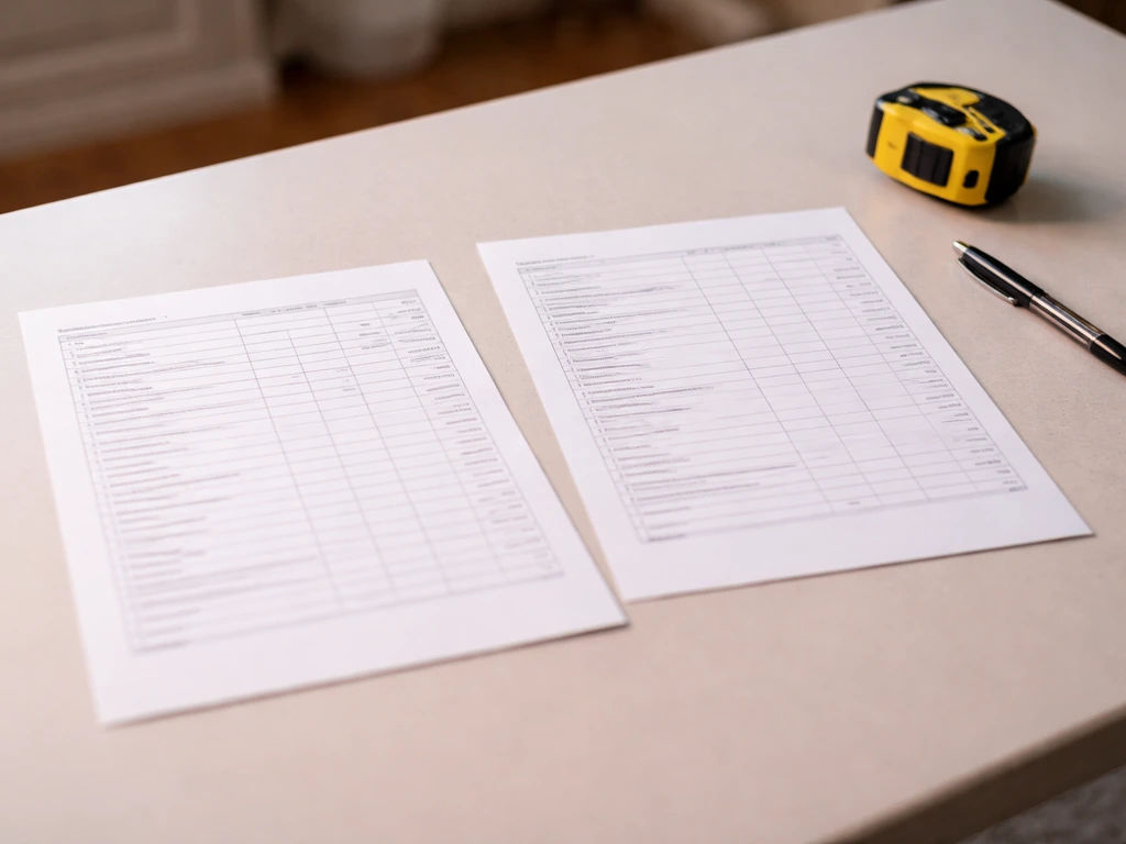 Two contractor bid sheets laid side-by-side on a desk with a pen and small tools, comparison mood.