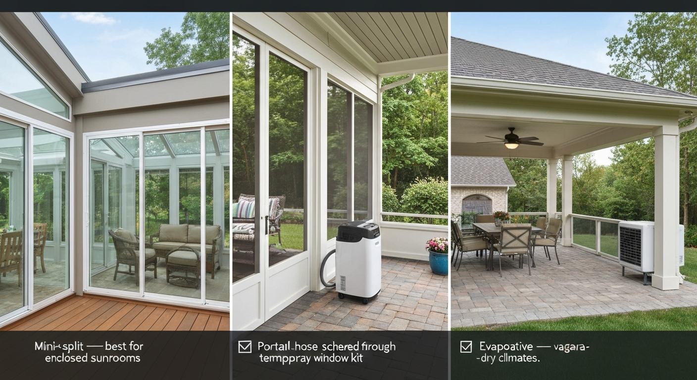 Composite patio scene showing an enclosed sunroom with a mini-split, a screened porch with a portable AC, and an open covered patio with a ceiling fan and evaporative cooler.