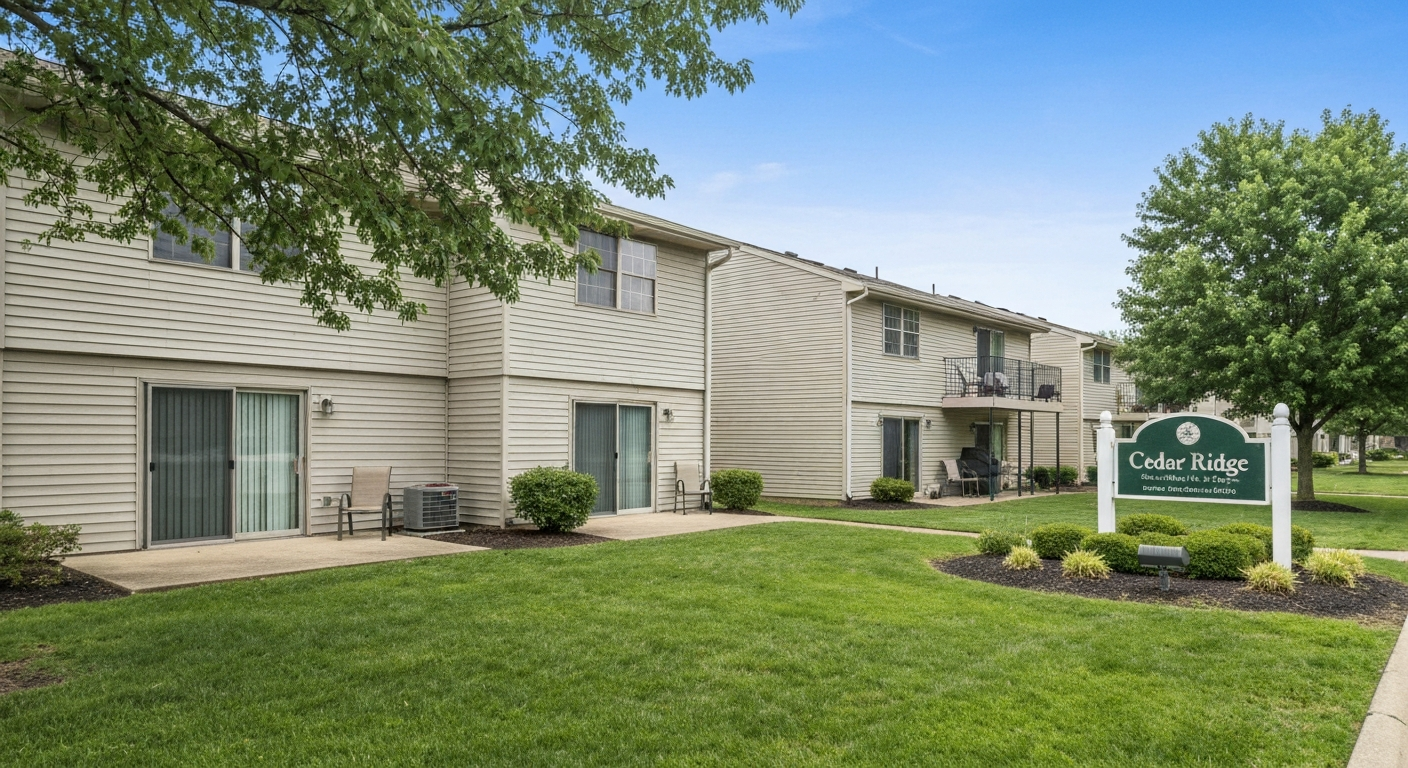 Exterior of a Cedar Ridge–style patio-home community showing ground-level patios and a community sign.