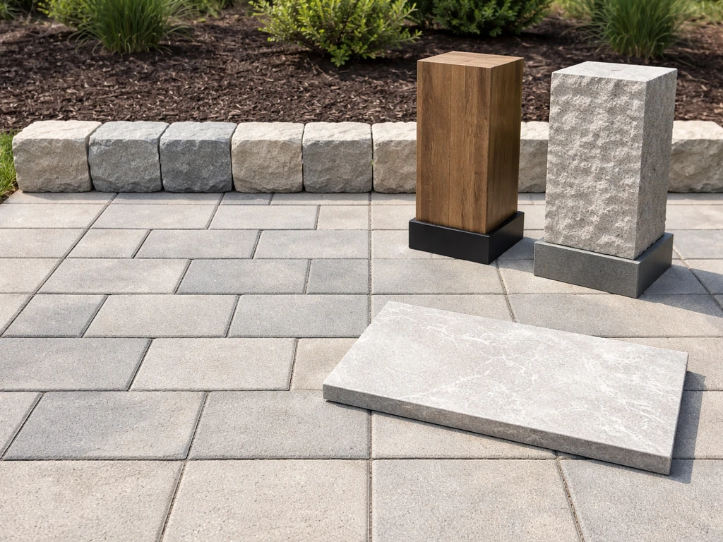 Neatly arranged patio and outdoor kitchen materials—pavers, edging, pergola posts, and a countertop sample.