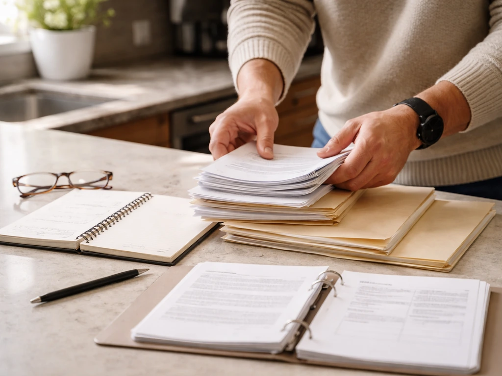 Homeowner at kitchen table organizing contractor review notes and requested document folders