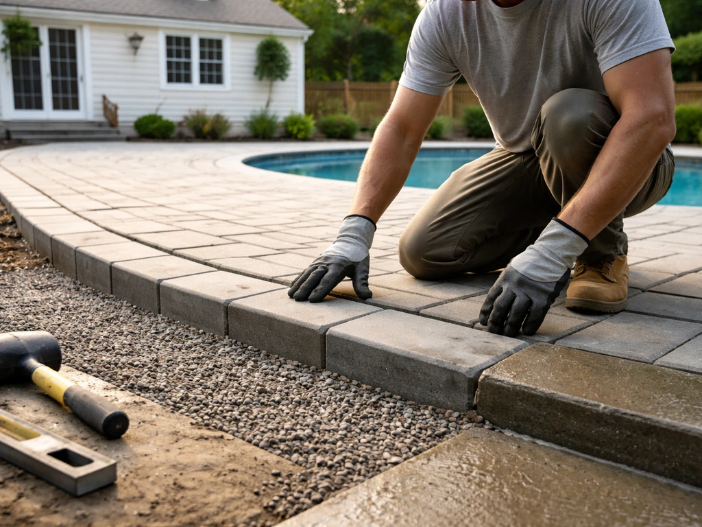 Contractor at patio construction site, tools and materials near a Cape Cod–style home with pool/patio vibe