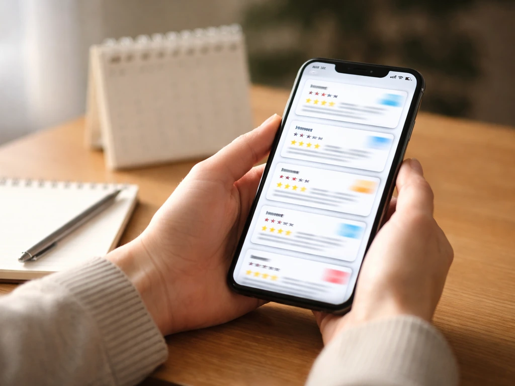 Hands holding a smartphone showing blurred review tiles, with a pen and notepad on a wooden table.