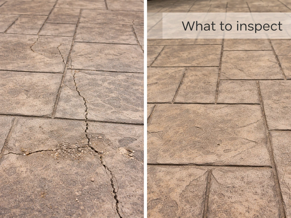 Close-up of stamped concrete showing cracking and spalling beside a healthier section, with a “what to inspect” overlay.