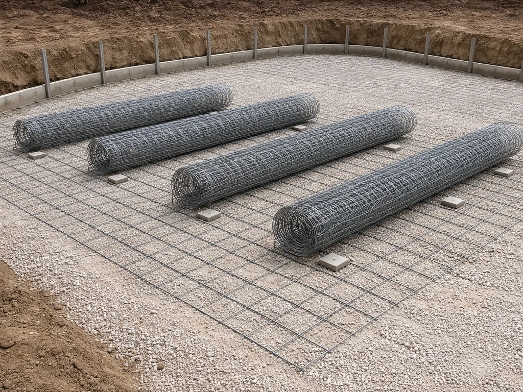 Excavated pool deck base showing compacted gravel, flat wire mesh on spacers, and expansion joint gaps.