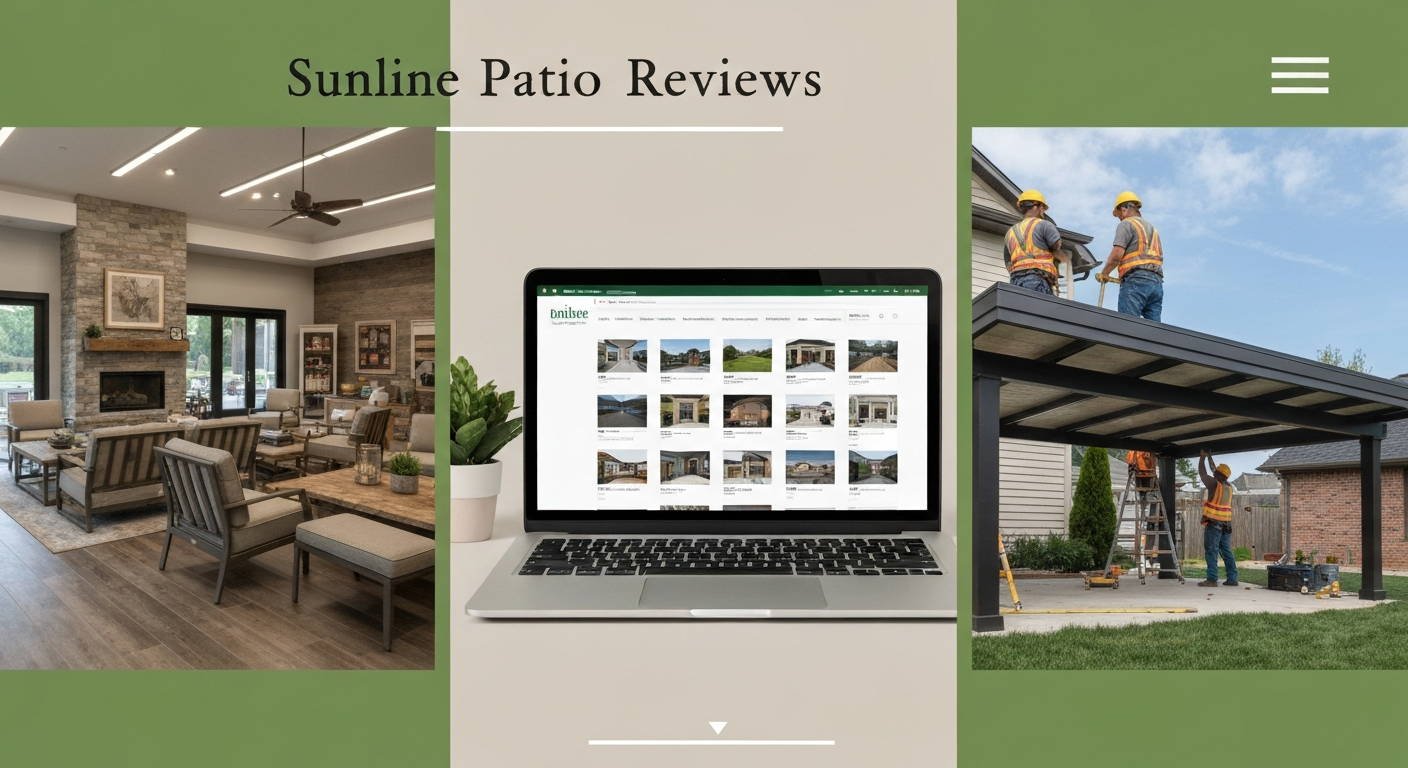 Collage showing a patio showroom, online shopping on a laptop, and patio construction to represent different Sunline operations.