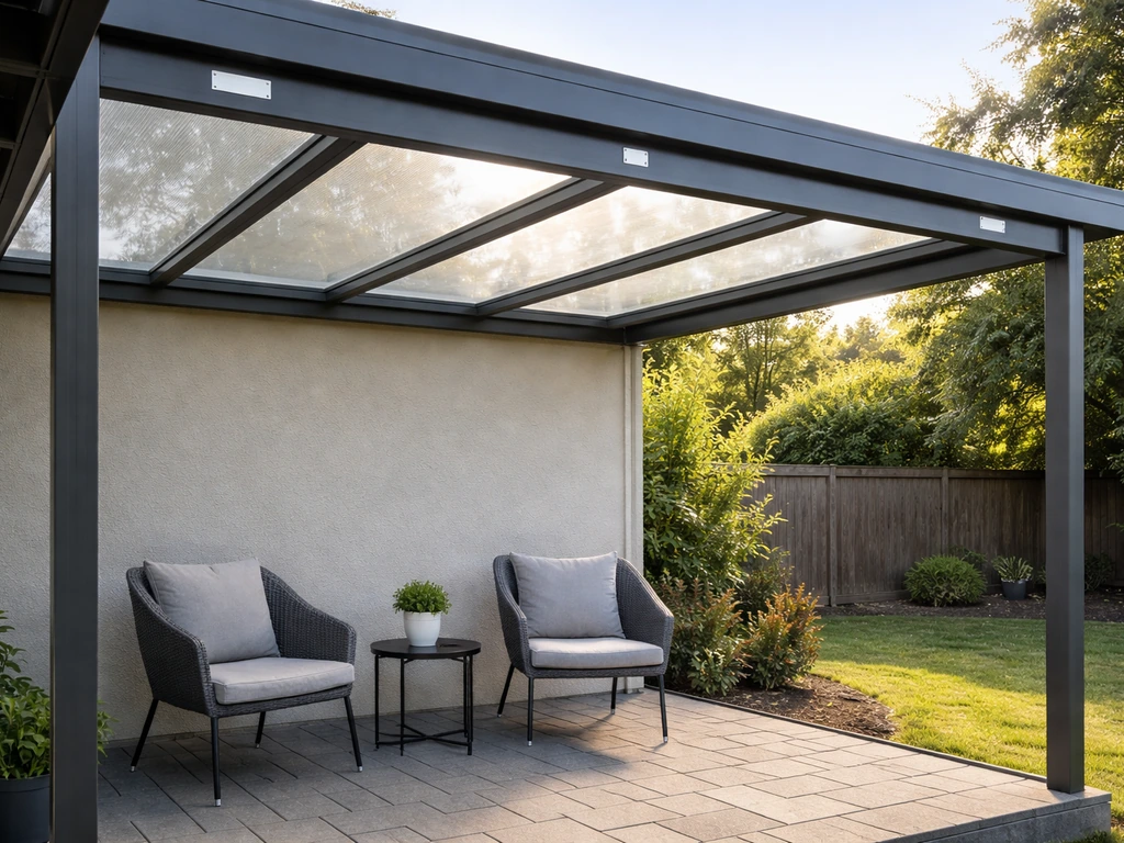 Minimal photo of a modern home patio with a sunroof cover, suggesting verifying contractor reviews