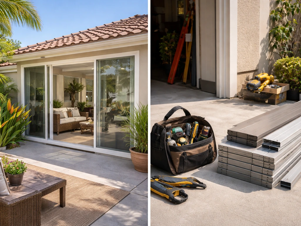 Split view of a patio home exterior and a contractor materials setup, suggesting different meanings of “Sunvue Patio.”