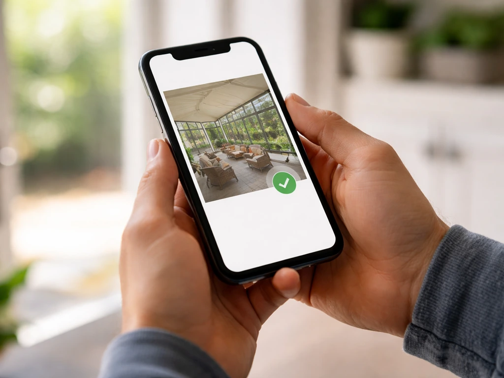 Homeowner holding a smartphone showing a confirmed patio project photo, with a timestamp badge icon on screen