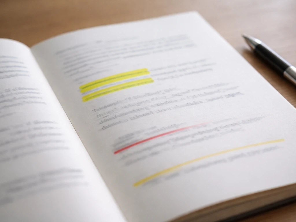 Close-up of highlighted review pages on a wooden table showing green and red marker cues for key details.