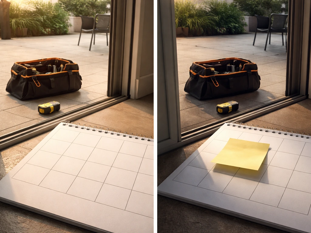 Split view of a patio doorway with a calendar-like timeline area suggesting promised vs delayed start.