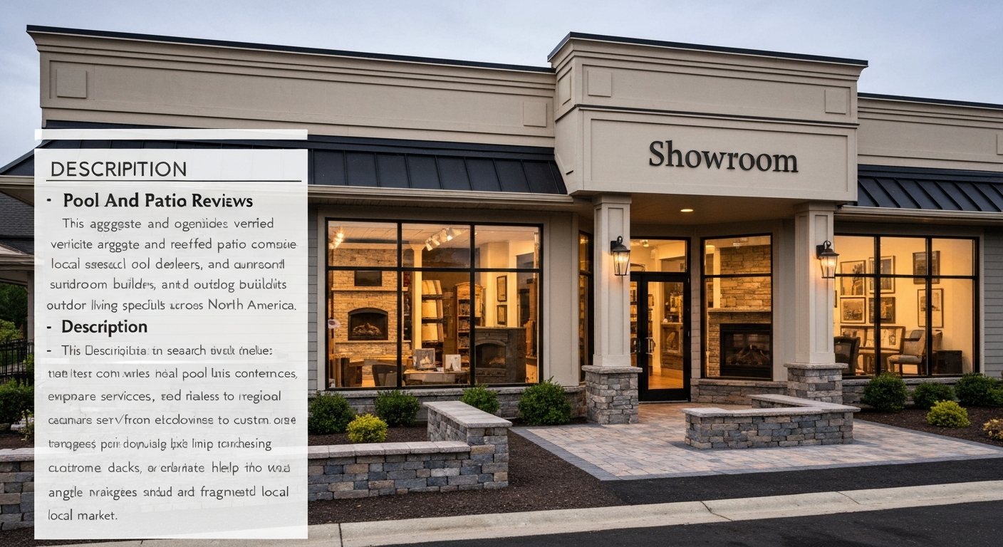 Exterior of a hearth and stone showroom with outdoor stone patio display in warm late-afternoon light.