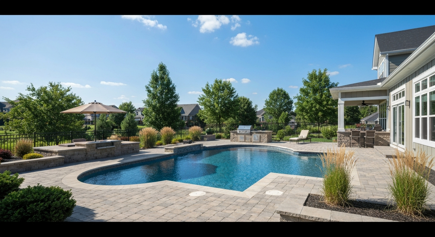 Modern backyard with an inground fiberglass pool, paver patio and integrated outdoor kitchen under daylight.