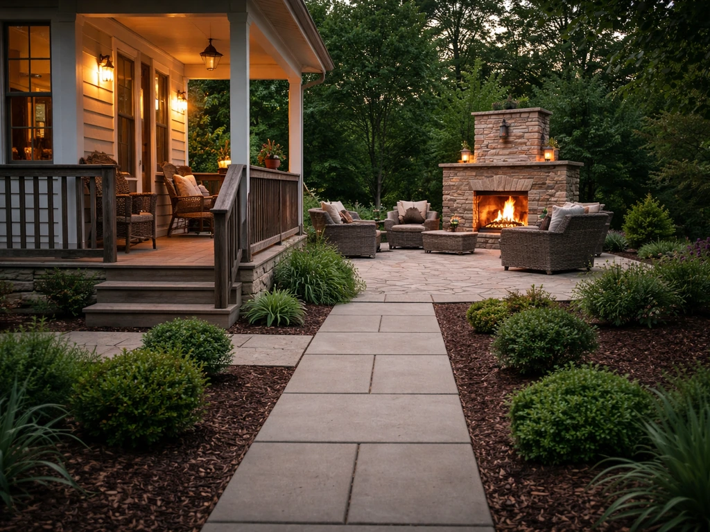 Cozy finished porch with stone hearth and patio pavers, warm lighting and clean landscaping.