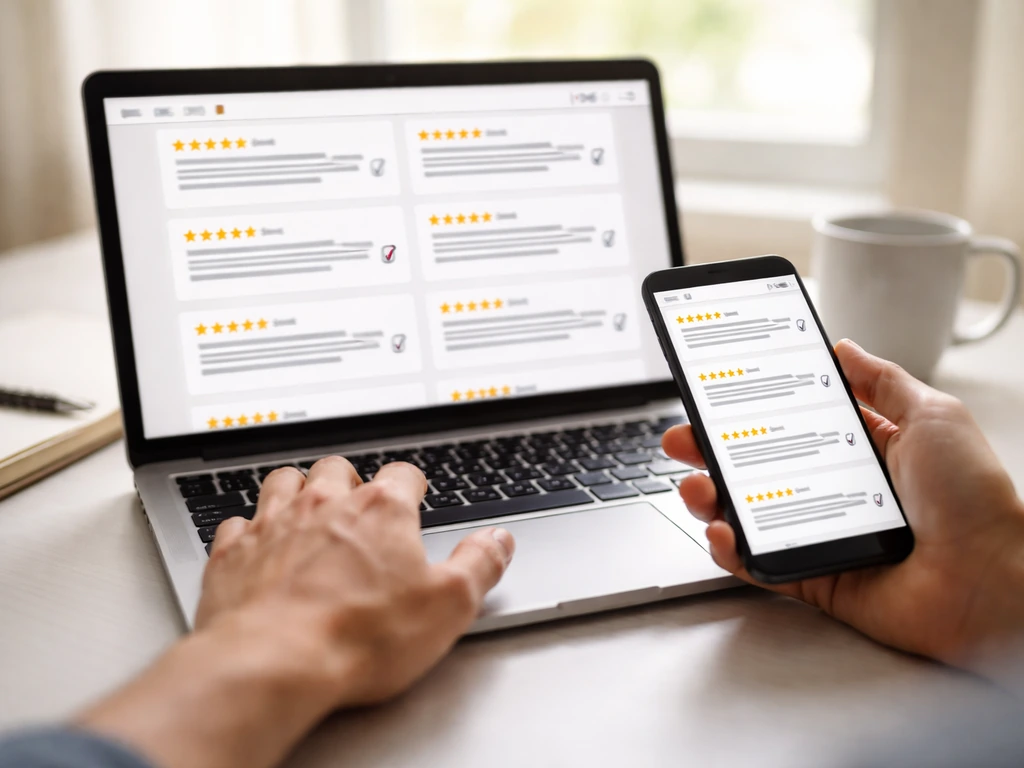 Person comparing customer reviews on a laptop and phone, focusing on star ratings and verified snippets.