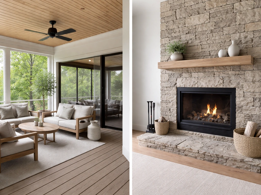 Split view of a porch/patio on the left and a stone hearth/fireplace on the right.