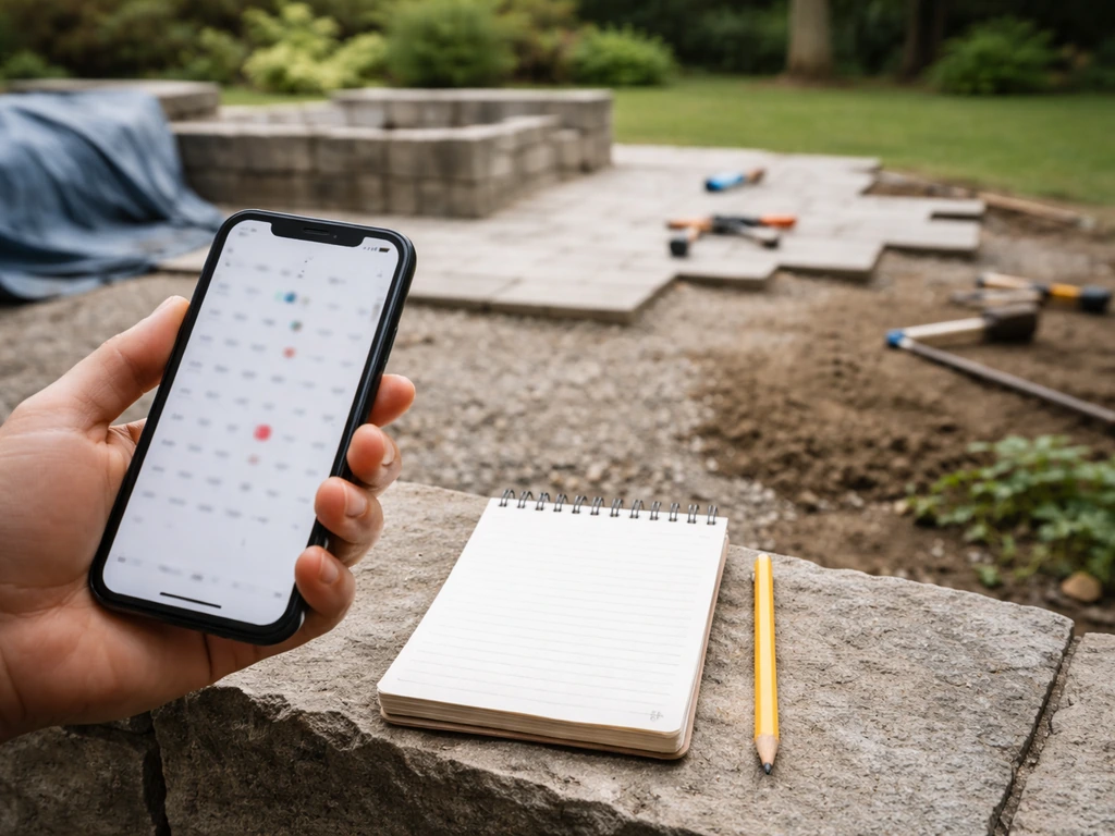 Contractor scheduling frustration beside an unfinished outdoor patio with exposed materials in natural light.