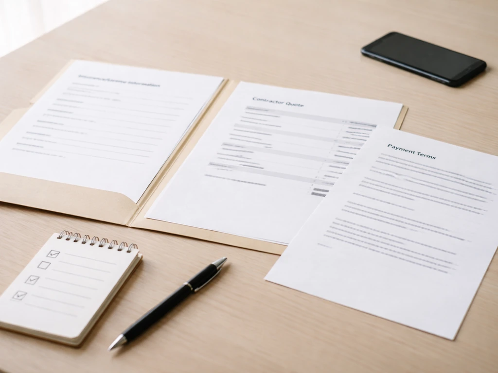 Desk with unsigned insurance/license forms, itemized quote pages, and checklist notepad for contractor vetting.