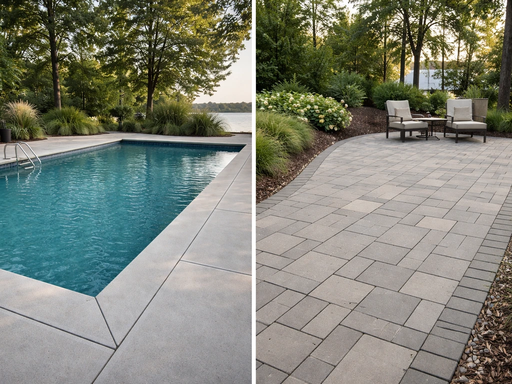 Split backyard scene with an in-ground pool and a stone patio/paver hardscape in Annapolis-area lighting.