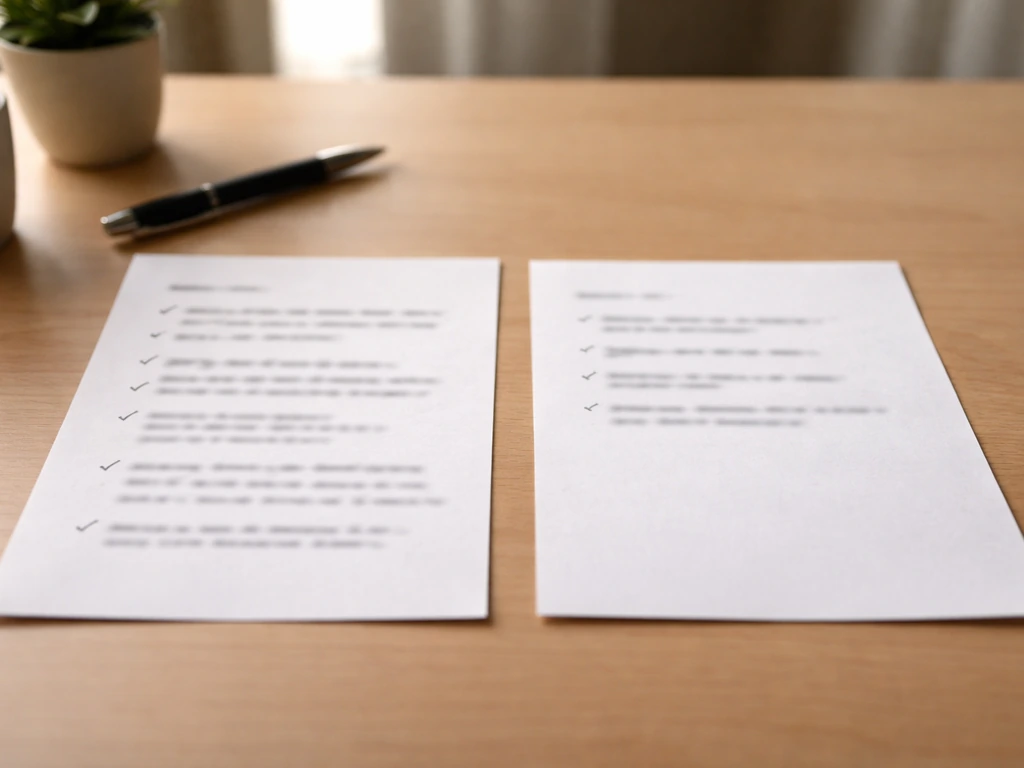 Close-up of two printed review excerpts side by side on a desk, one detailed and one generic