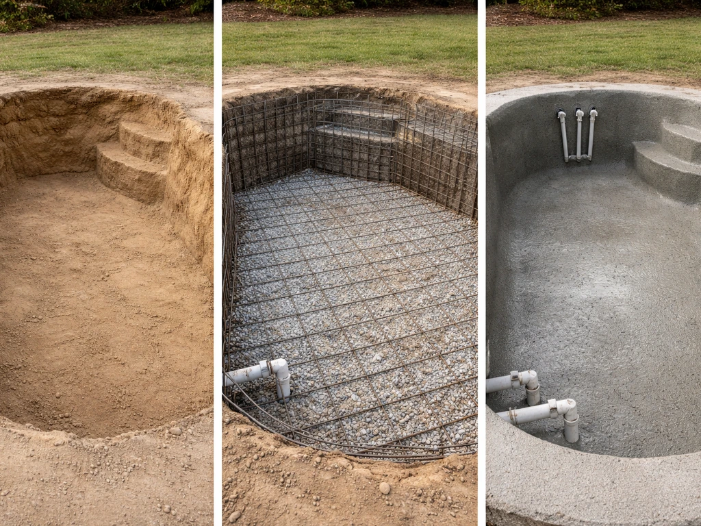 Gunite pool construction stages: excavated basin, rebar grid, and freshly sprayed concrete shell.