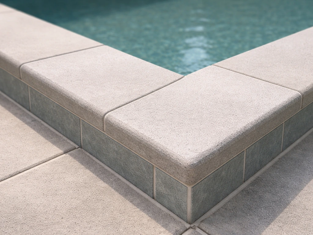 Close-up of pool patio finish details—clean grout lines and neatly aligned coping and tiles.